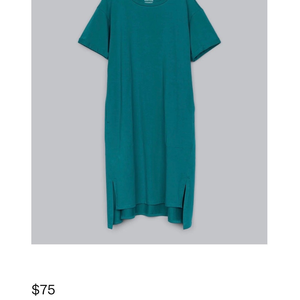 Eileen Fisher Teal Organic Cotton Jersey T-Shirt Dress XXS Pocket Midi Slit